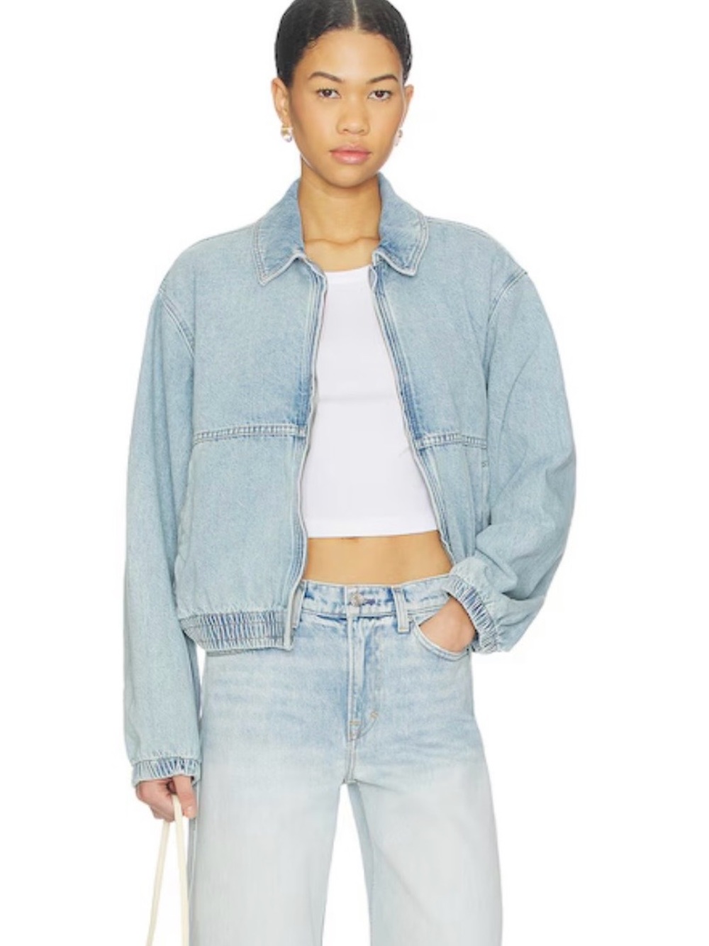 Free People ‘We The Free Birdie’ Light Denim Jacket Zip Bomber Jacket